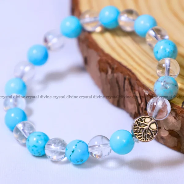 Firoza + Clear Quartz With Tree Charm Bracelet – 8 MM (Mental Clarity & Focus)