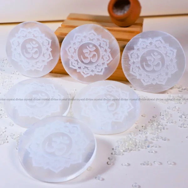 Om Symbol Selenite Charging Plate (Cleansing Energy & Recharging Crystals)